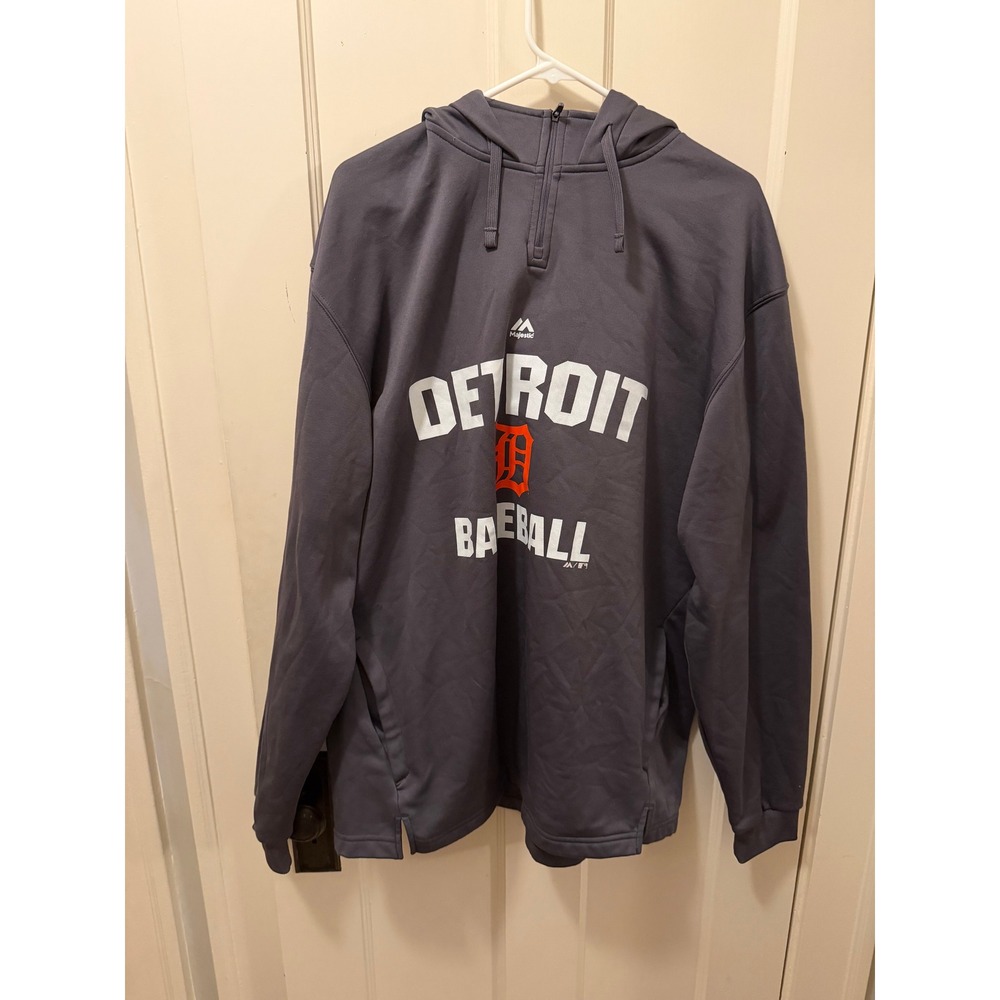 Majestic Detroit Tigers MLB Authentic 1/4 Zip Hoodie Mens XL Gray Baseball Sweat